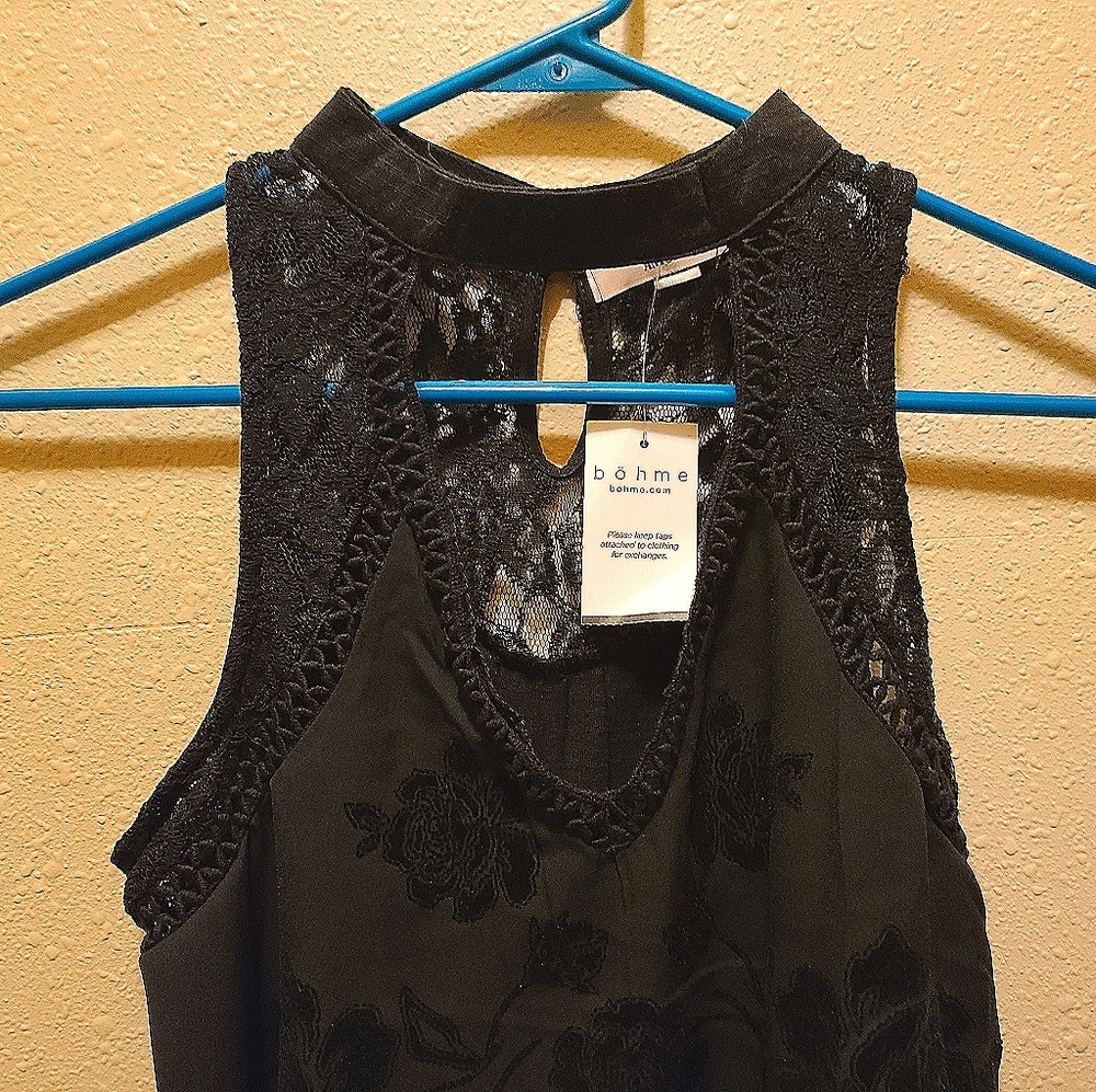 Bohme black lace roses high neck tank